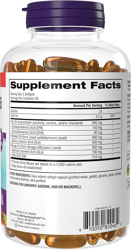 Webber Naturals Triple Omega 3-6-9 2400 mg Fish Oil Per Serving High Potency 180 Softgels No Fishy Aftertaste Ultra-Purified for Heart Brain and Cardiovascular Health Shellfish-Free