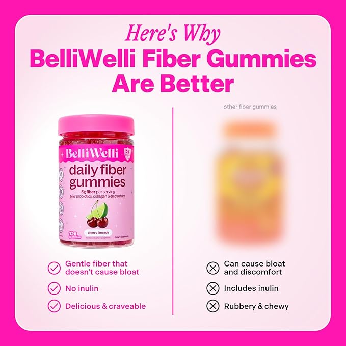 Belli Welli Fiber 4-in-1 Fiber Gummies Supplement with Added Probiotics Collagen and Electrolytes for Regularity and Bloat Relief 120 Count (Cherry Limeade)