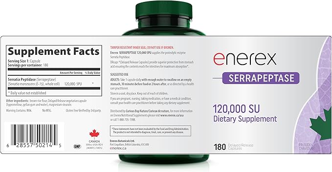 ENEREX High Potency Serrapeptase Supplement 120000 SPU - 180 Delayed Release Veggie Capsules (6 Month Supply) Non-GMO Gluten-Free