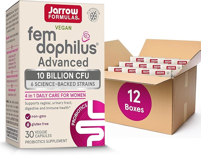 Jarrow Formulas Fem-Dophilus Advanced Probiotics 10 Billion CFU with 6 Science-Backed Strains for Vaginal Urinary Tract Digestive and Immune Support 30 Veggie Capsules Shelf-Stable Pack of 12