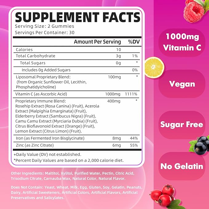 2 Pack Liposomal Vitamin C 1000mg Gummies for Adults Kids 1500mg Chewable Vitamin C w/Iron Zinc &amp Elderberry - Immune Support &amp Energy Collagen Booster Raspberry 120 Count