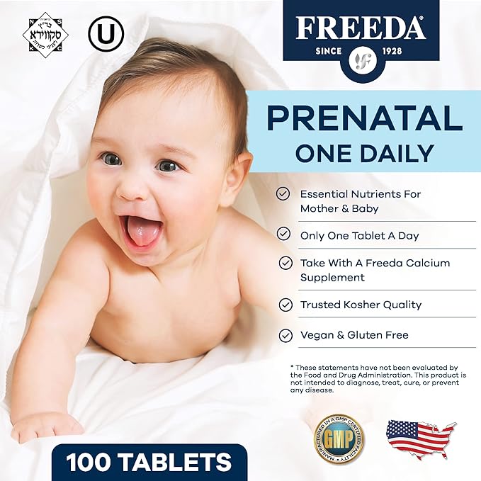 FREEDA Prenatal Vitamin - Kosher Prenatal with Iron Methylfolate (Bioavailable Folic Acid) Choline &amp Vitamin D - One Daily Multivitamin for Pregnant &amp Lactating Women (100 Count)