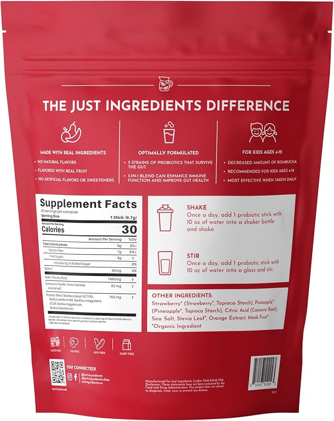 JUST INGREDIENTS Kids Probiotic Drink Mix - Fruit Punch Prebiotic &amp Postbiotic Gut &amp Immune Support