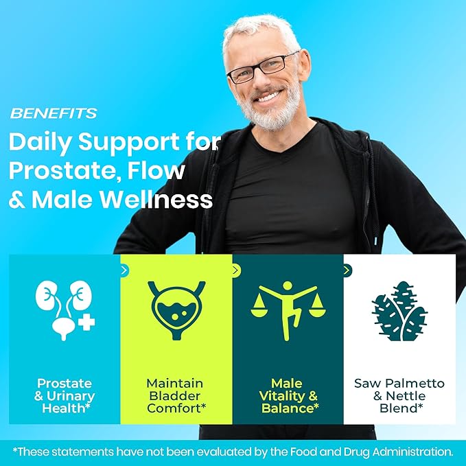 Men’s Prostate Health &amp Urinary Comfort Support with Saw Palmetto Stinging Nettle &amp Beta-Sitosterol | Supports Prostate Size &amp Flow | Third-Party Tested Vegan Non-GMO Gluten-Free 120