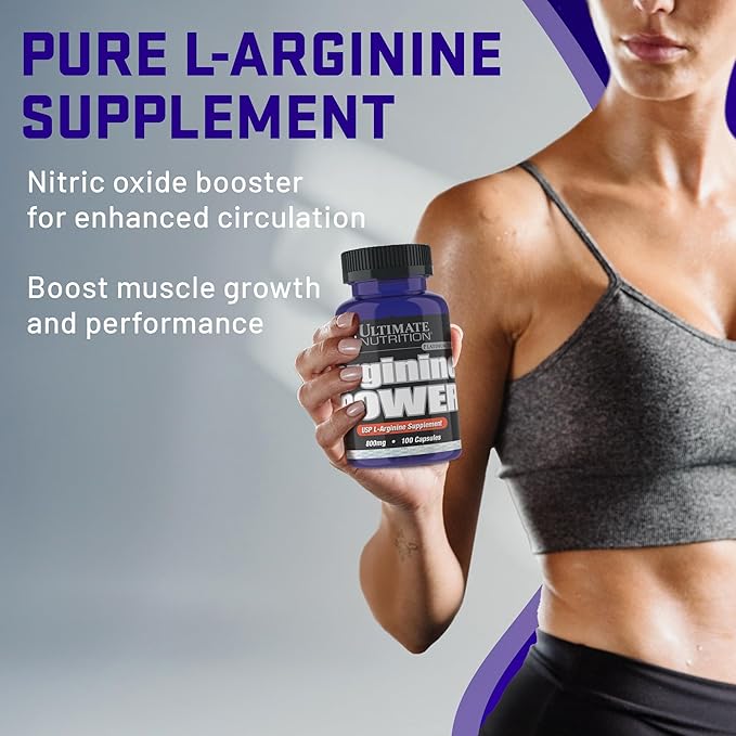 Ultimate Nutrition Arginine Power Supplement for Men &amp Women - Amino Acid Supplement with 800mg of L-Arginine for Nitric Oxide Production Bodybuilding Performance &amp Muscle Growth - 100 Capsu