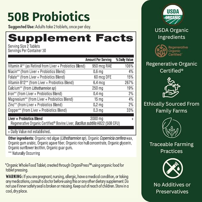 Probiotic 50B CFU with Beef Liver – Regenerative Organic Certified Daily Gut Health Supplement – Supports Digestion Immune &amp Emotional Wellness – 60 Tablets