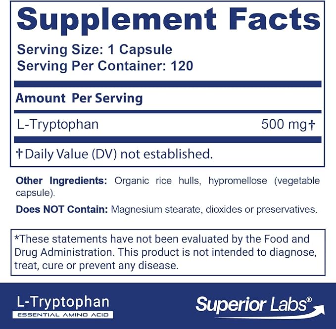 Superior Labs L-Tryptophan 500 mg Capsules Pure Non-GMO Amino Acid High Absorption Supports Sleep and Mood Helps with Occasional Stress PMS Support 120 Veg Caps