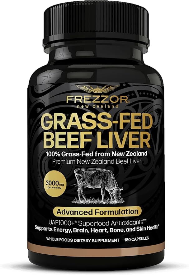 FREZZOR New Zealand 100% Live-Grass-Fed Beef Liver 180 Capsules Supports Energy Production Detoxification Digestion Immunity and Full Body Wellness Non-GMO 3000 mg per Serving