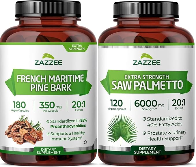Zazzee Saw Palmetto and French Maritime Pine Bark Extract Capsules | 20:1 Saw Palmetto Extract Plus French Pine Bark | Prostate Support Bundle