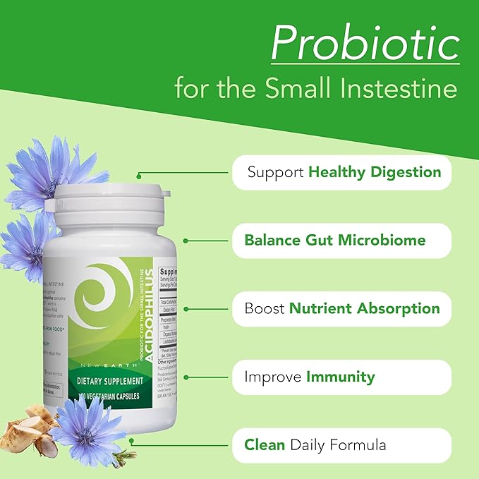 New Earth Acidophilus - Probiotic for Upper GI Support - Lactobacillus DDS-1 Inulin Prebiotic &amp Organic Wild Microalgae - 5 Billion CFU for Gut Health Digestion &amp Immune Function - Vegan 30