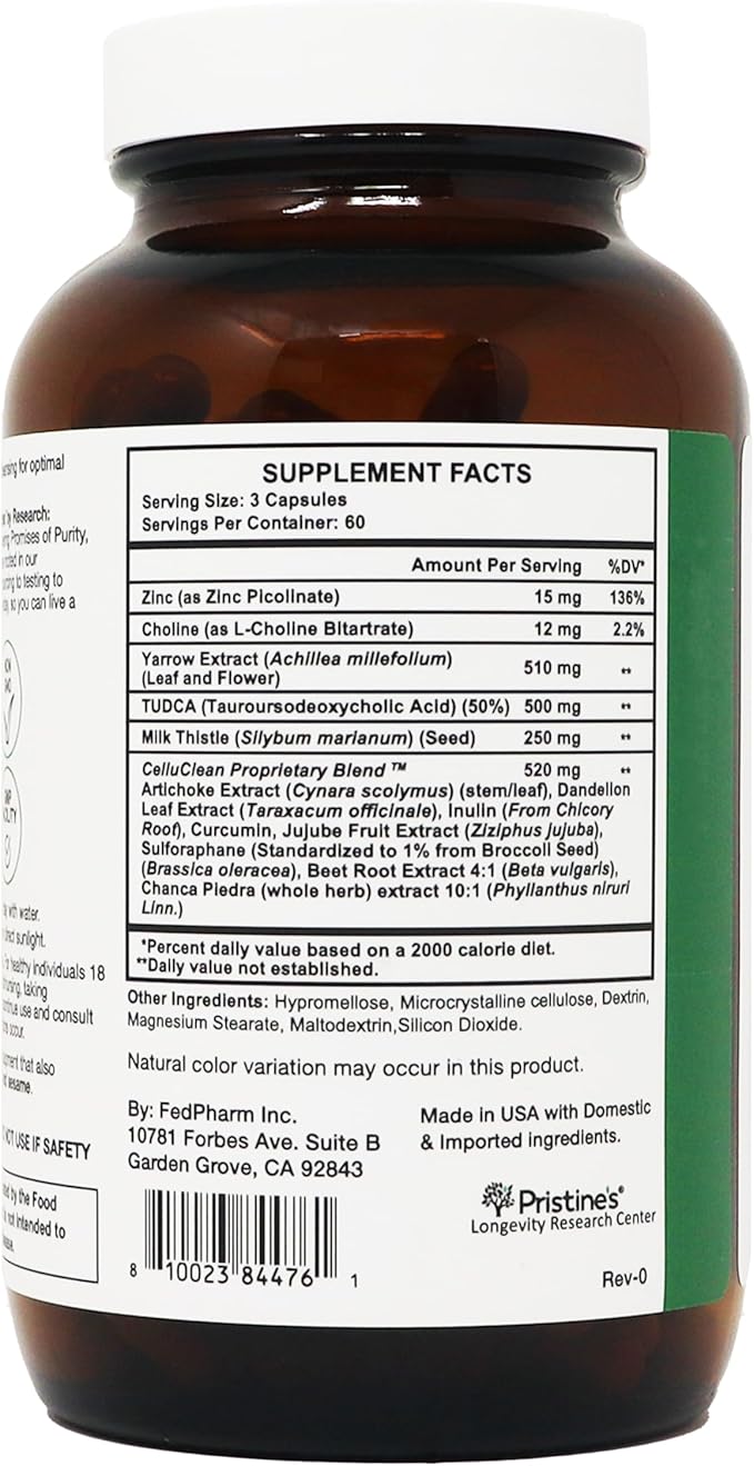 PRISTINE'S CelluClean Liver Cleanse and Detox Complex – TUDCA Yarrow Extract &amp Milk Thistle – 3rd Party Tested Non-GMO Bile Salts Remover – Vegan GMP Facility Made in USA Glass Bottle