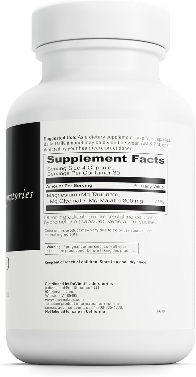 DAVINCI Tri-Mag 300 - Triple Complex with Magnesium Glycinate Taurinate &amp Malate - Calm Magnesium Supplement for Sleep - Nerve Support Formula - 120 Capsules (30 Servings)