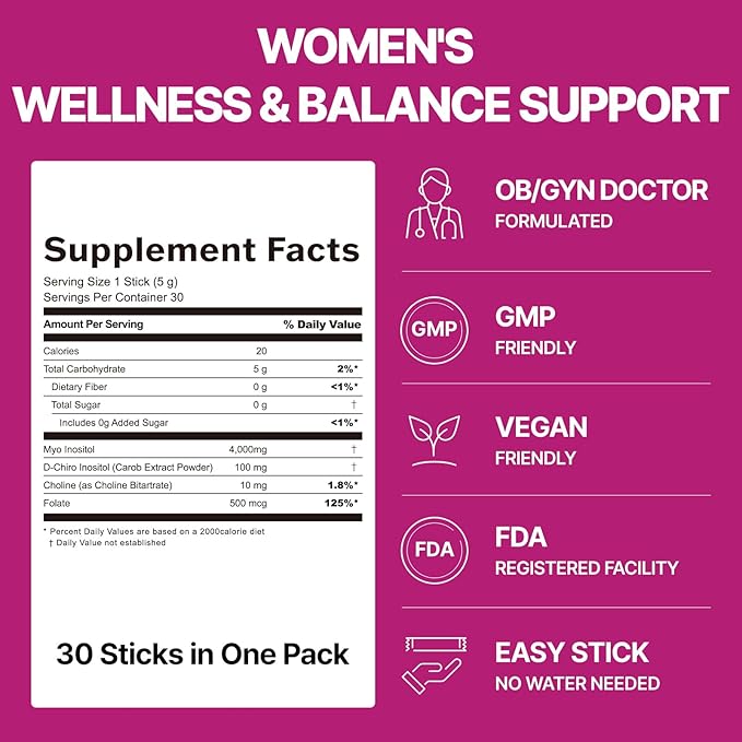 Balance Up Inositol 40:1 Myo &amp D-Chiro with Folate(Vitamin B9) &amp Choline – Hormone Balance &amp Reproductive Health Support for Women – Lemon Lime Stick Powder 30 Servings