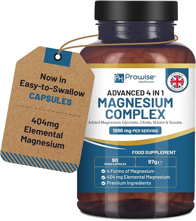 Magnesium Glycinate Complex 4 in 1-1866mg per Serving | Precise 404mg Elemental Magnesium dose | Added Magnesium Glycinate Citrate Malate &amp Taurate | 90 Vegan Capsules - by Prowise
