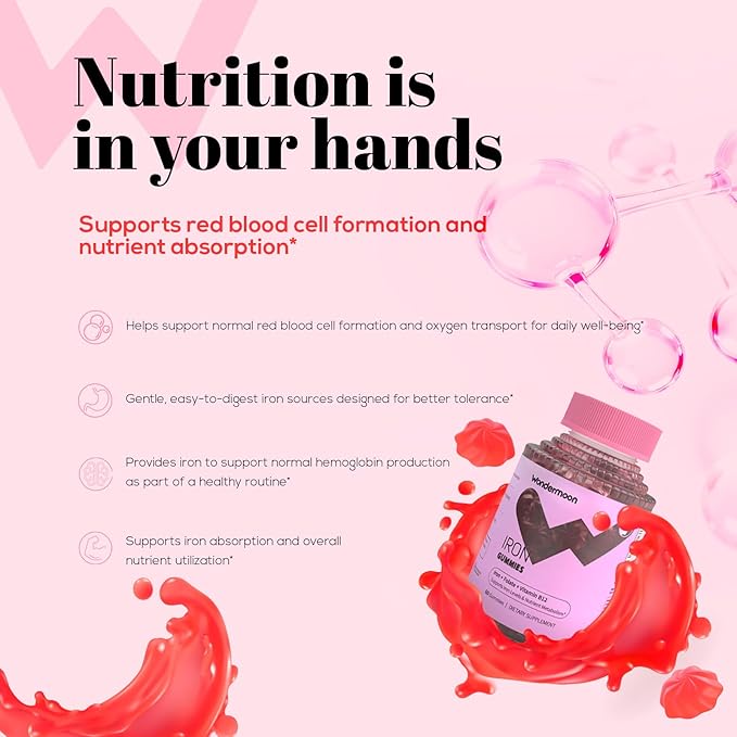 Wondermoon Iron Gummies for Women with Vitamin C Chewable Iron Supplement with B12 &amp Folate Cherry Flavor 60 Gummies