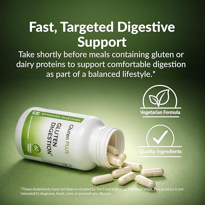Gluten Plus Advanced Digestive Enzymes – DPP-IV Enzyme Complex for Gluten &amp Casein Digestion – Helps Digest Wheat Barley &amp Rye – Supports Digestive Comfort – 60 Veg Capsules