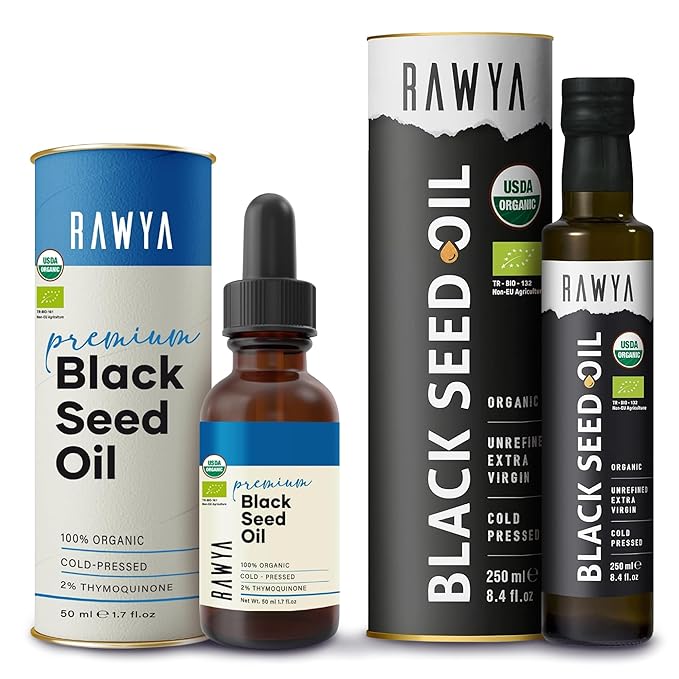 RAWYA Black Pit Oil | Extra Strong Taste With TQ Cold Pressed Nigella Sativa Non-GMO Glass Bottle 8.4 Fl Oz + RAWYA Black Pit Oil - Unrefined Premium With TQ Cold Pressed Natural 1.7 Fl Oz
