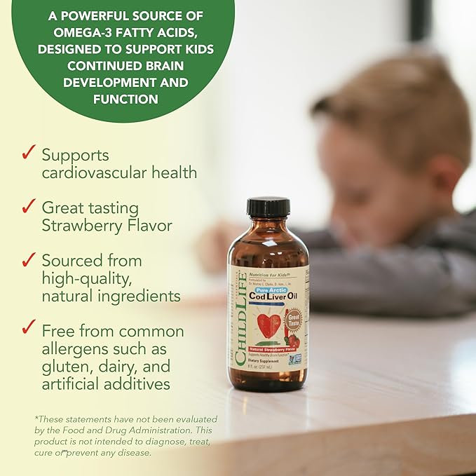 CHILDLIFE Essentials Cod Liver Oil for Kids - Liquid Arctic Cod Liver Oil for Babies 6+ Months Toddlers &amp Kids Added DHA EPA Omega-3 Fatty Acids - Strawberry 8 fl oz