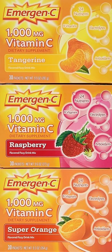 Emergen-C 1000 mg Vitamin C Dietary Supplement Drink Mix Super Orange/Raspberry/Tropical 90 Packets Net Wt. 28.5 oz.