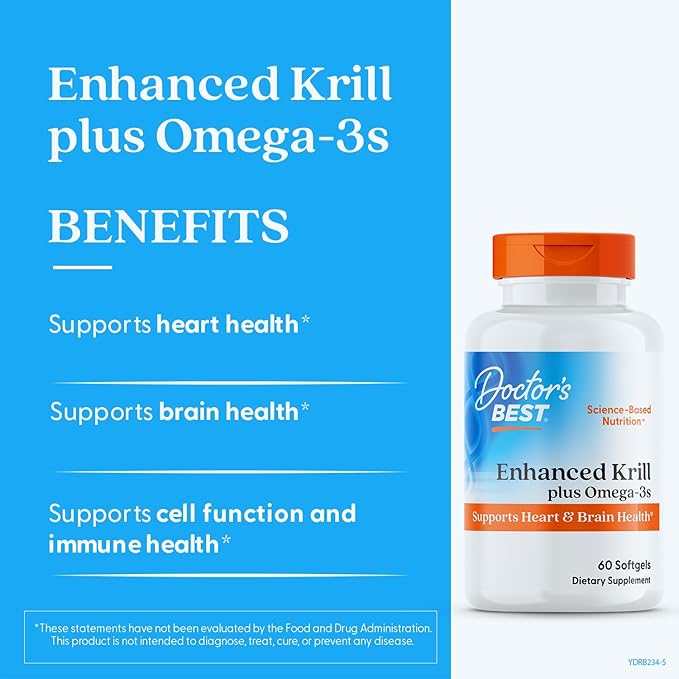 Doctor's Best Antarctic Krill Oil Plus Omega 3s - Krill Supplement for Men &amp Women Enhanced with Fish Oil Contains Omega-3 Fatty Acids DHA &amp EPA Supports Brain &amp Heart Health - 60 Ct S