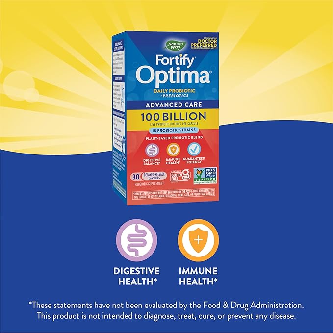 Nature's Way Fortify Optima Probiotic for Adults 100 Billion Live Cultures 15 Strains Supports Digestive and Immune Health* Plant-Based Prebiotic Fiber 30 Capsules (Packaging May Vary)