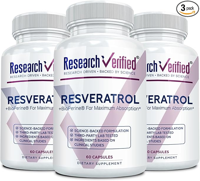Research Verified Resveratrol - 98% Trans-Resveratrol 1000 mg Anti-Aging Support - 60 Capsules per Bottle - 3 Bottles