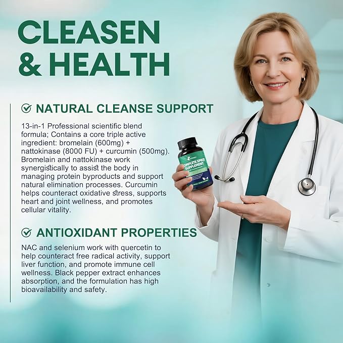 Spike Protein Cleanse Capsules Nattokinase Supplement 8000FU with Bromelain 600mg Curcumin &amp Quercetin etc. 13-in-1 Immune Support Supplement for Daily Health Vegan Non-GMO 120 Capsules