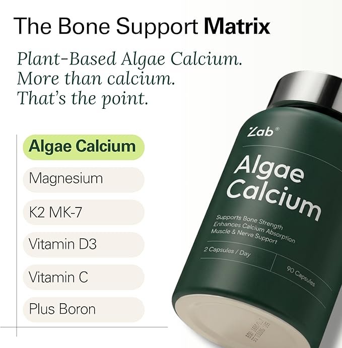 ZAB Algae Calcium Supplement with Vitamin D3 &amp K2 MK7 Magnesium Calcium Complex for Daily Bone Health Support &amp Strength 90 Capsules 45-Day Supply