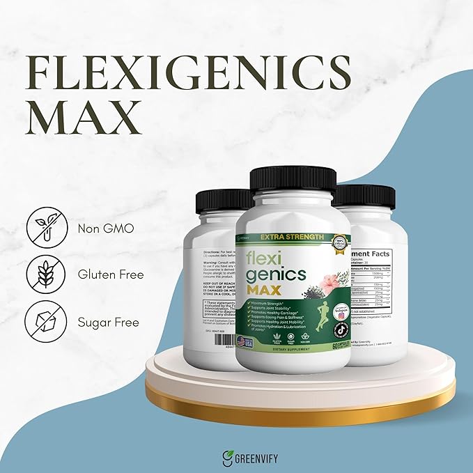 Flexigenics Max Extra Strength Joint Support Supplement 1500mg Glucosamine 60 Capsules 20 Day Supply (3)