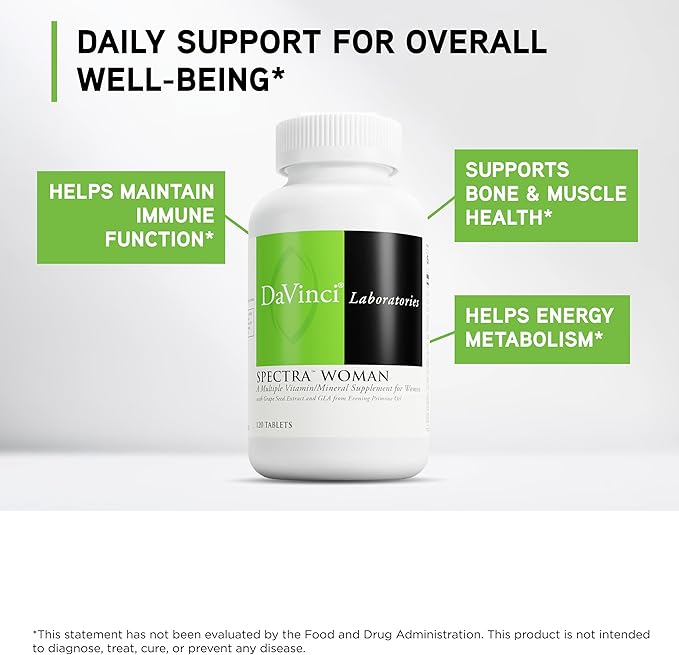 DaVinci Labs Spectra Woman - Dietary Supplement to Support Bone Health and Women's Needs - with Vitamins Minerals Calcium Beta Carotene L-Cysteine Grape Seed Extract and More - 120 Tablets
