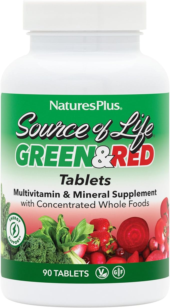 NaturesPlus Source of Life Green &amp Red Multivitamin - 90 Tablets - with Concentrated Whole Foods - Vegetarian Gluten Free - 30 Servings