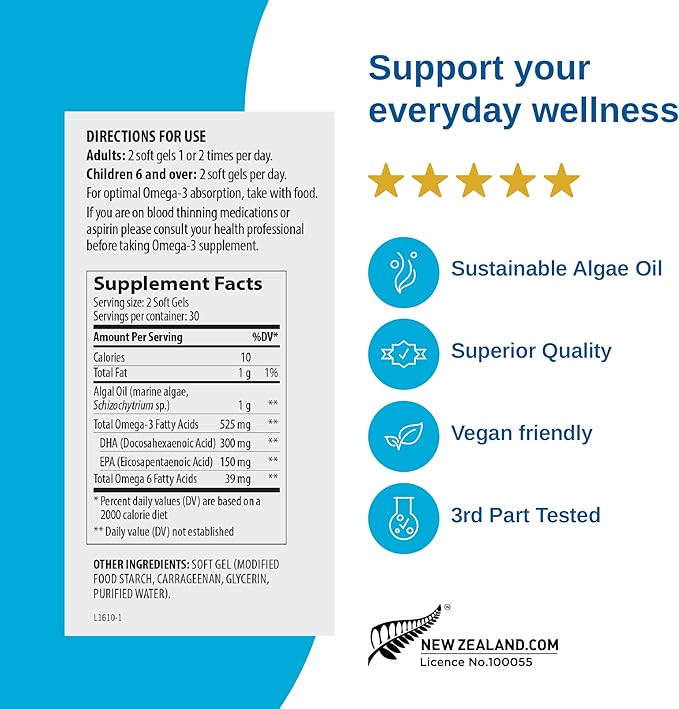 Xtendlife Vegan Omega 3 DHA &amp EPA for Heart Brain &amp Joint Support - Potent Plant-Based Supplement from Marine Algae - 30 Day Supply - Vegan &amp Vegetarian Friendly