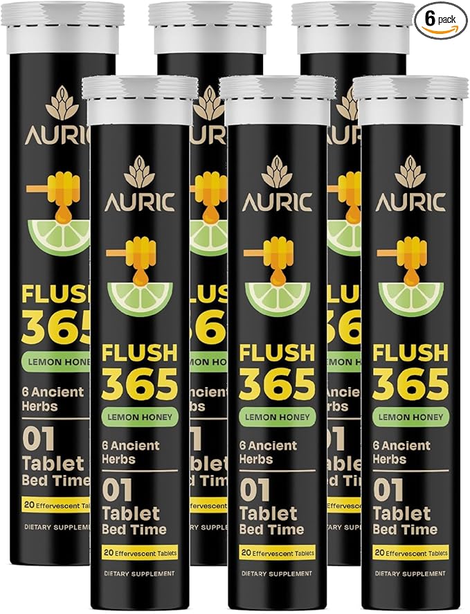 Auric Flush 365 Effervescent 120 Tablets Herbal Digestive Support | with Triphala Isabgol Castor Oil &amp Senna | Honey Lemon Flavor | Support Bowel &amp Gut Cleanse | Plant-Based Supplement
