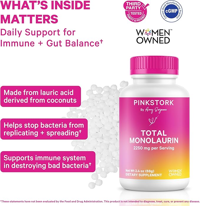 Pink Stork Monolaurin Pellets – Vegan Lauric Acid Immune &amp Gut Support for Women – Microbial Balance Digestive Wellness – Odorless Scoopable Monolaurin Supplement – 226g – 75 Servings