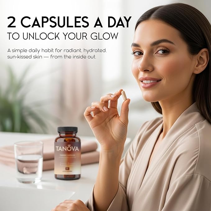 Tanova Tanning Pills – Supports a Natural Golden Glow Skin Resilience &amp Anti-Aging Against Sun-Induced Oxidative Stress – with Astaxanthin L-Tyrosine Copper &amp Polypodium Leucotomos – 60 Cap
