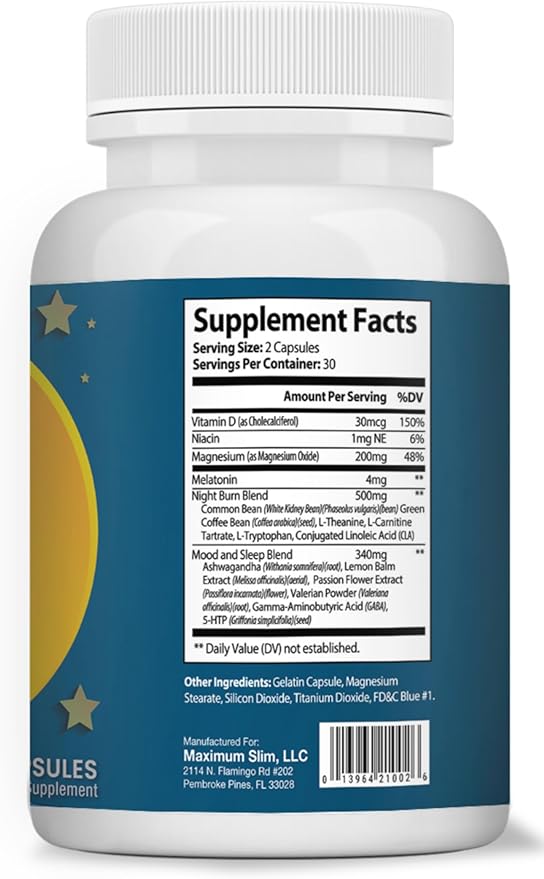 Maximum Slim Nighttime Weight Support – Gentle Fat Burning &amp Sleep Aid – African Mango Resveratrol &amp Green Tea – Non-GMO Vegan 60 Capsules