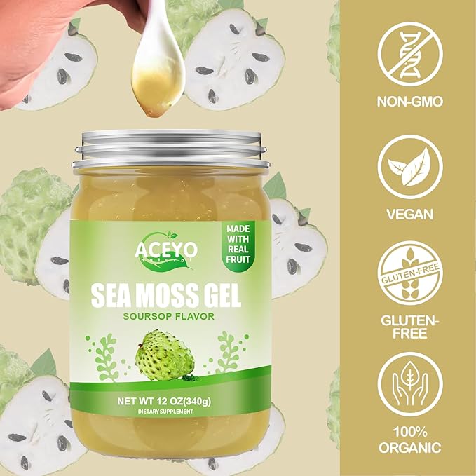 (12 OZ) Irish Sea Moss Gel Organic Raw Vegan Soursop Flavor 102 Vitamins and Minerals Wild Harvested Non-GMO Immune &amp Digestion Support