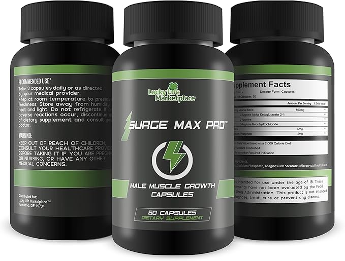Surge Max Pro - Muscle Growth Formula - Enhance Power Strength Stamina &amp Energy - Explosive Muscle Pump - Big Gains - Aid Oxygen &amp Nutrient Delivery to Muscles - L-Arginine - Build Muscle M