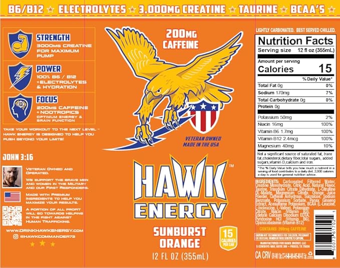 HAWK ENERGY PERFORMANCE - SUNBURST ORANGE - Premium Sugar Free Energy Drink - 12 Pack - 12 oz cans - Focus and Power - 3000mg Creatine 200mg Caffeine BCAA's B6/B12 Taurine and L-Carnitine 100% Ve