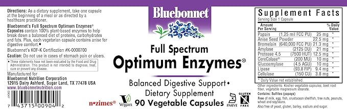 Bluebonnet Full Spectrum Optimum Enzymes Vegetarian Capsules 90 Count