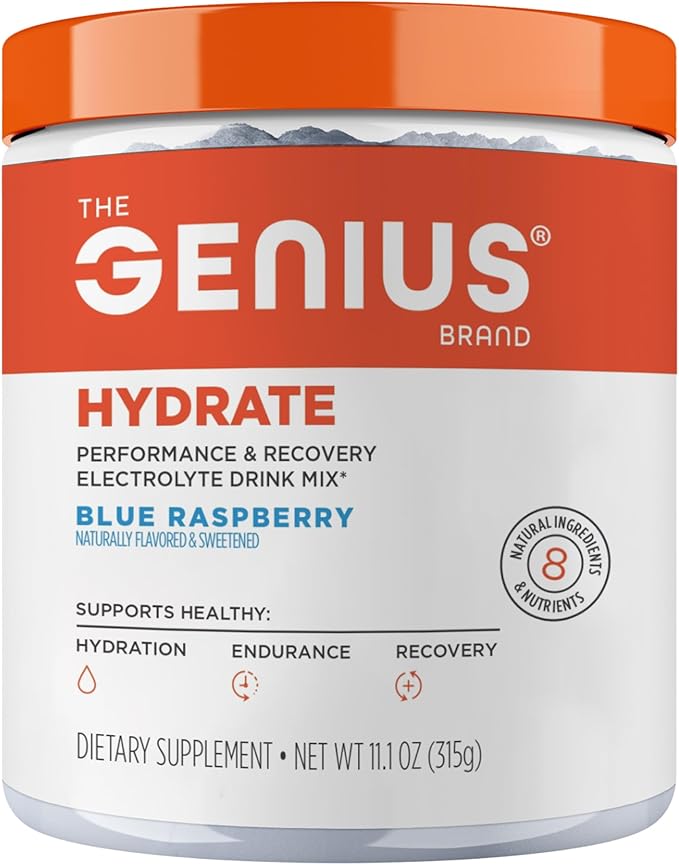 The Genius Brand Genius Hydrate - Electrolyte Supplement for Daily Hydration - Coconut Water - Sugar-Free - 8 Essential Minerals &amp Nutrients - Non-GMO - Blue Raspberry - 50 Servings