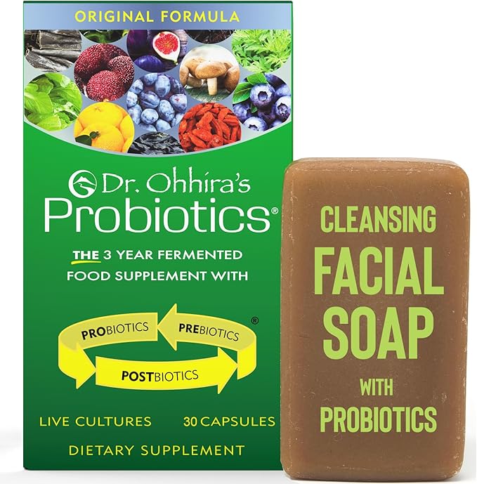 Dr. Ohhira's Probiotics Original Formula 30 Capsules with Bonus Probiotic-Enhanced Beauty Bar Soap Travel Size 20g - No Refrigeration Supplement for Women and Men 13 Probiotic Strains