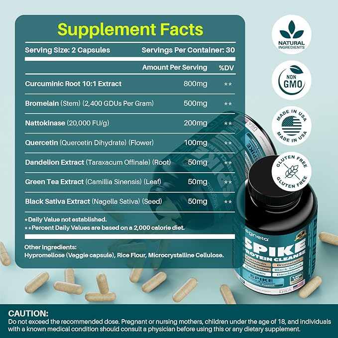 Spike Support - Nattokinase 20000 FU/g Bromelain 500mg &amp Curcumin 800mg – Triple-Action Enzyme Complex with Quercetin &amp Dandelion – Cardiovascular Circulatory Antioxidant &amp Immune Supp