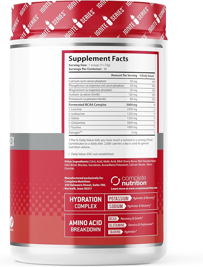 Complete Nutrition Ignite Series BCAA Advanced Amino Acid Complex Supports Muscle Recovery Hydration &amp Growth 5g BCAA 3g Glutamine 13 oz Tub (30 Servings)