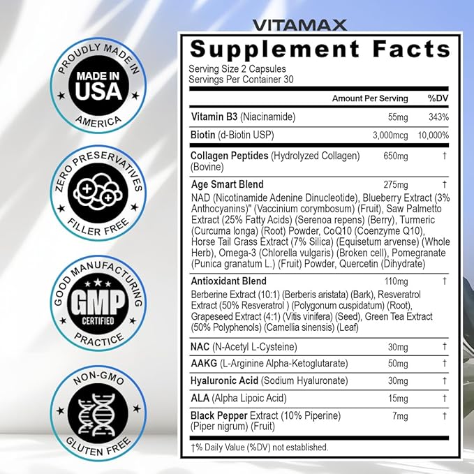 Vitamax Resveratrol NAD+ Berberine Hyaluronic Acid - Biotin Grape &amp Blueberry + NAC - Collagen Peptides - Hair Nail Skin &amp Joint Supplement - 21-in-1 Women and Men - Made in USA - 120 Count