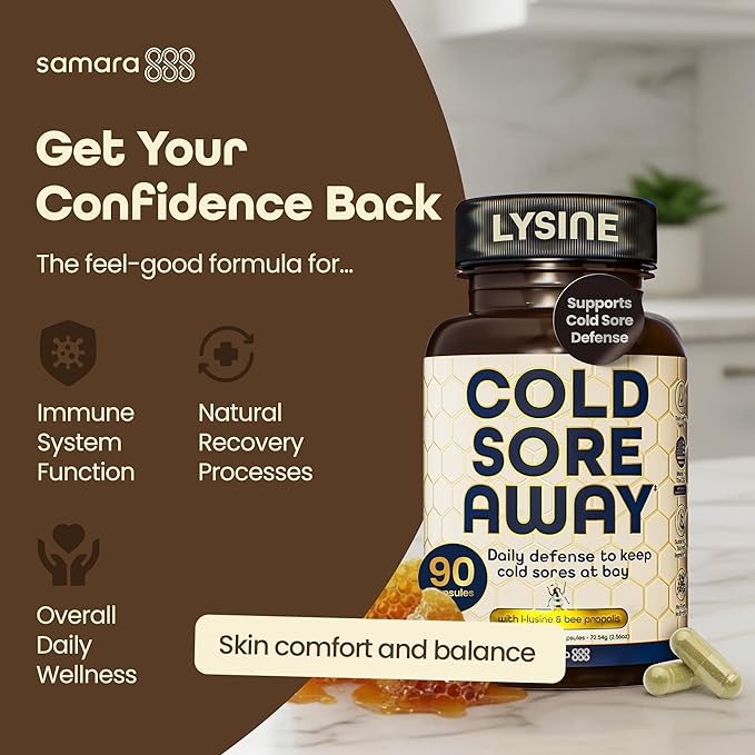 Samara 888 L Lysine Cold Sore Treatment Support Herbal Cold Sore Supplement w/Zinc Picolinate Olive Leaf Extract Beta Glucan &amp Bee Propolis for Skin &amp Lip Health 90 Capsules