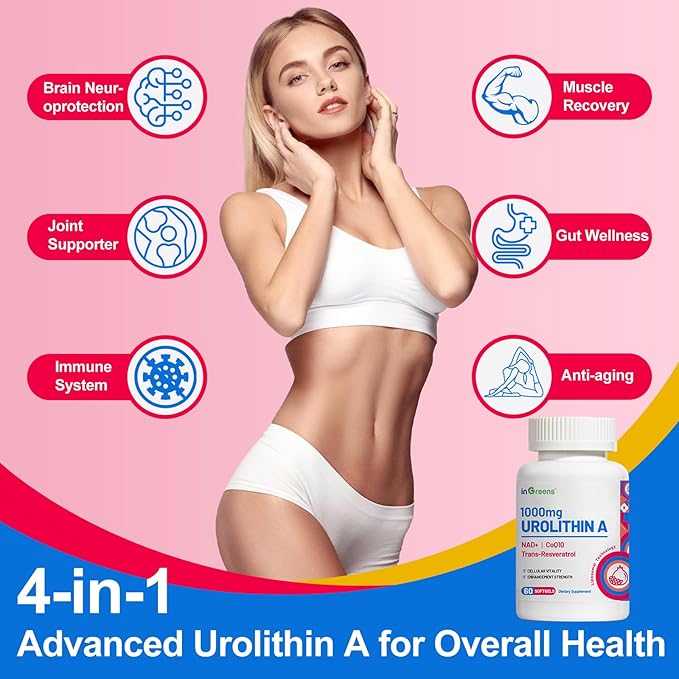 inGreens Urolithin A 1000mg with NAD+ 300mg CoQ10 200mg and Trans-Resveratrol 200mg Supplement 60 Softgels