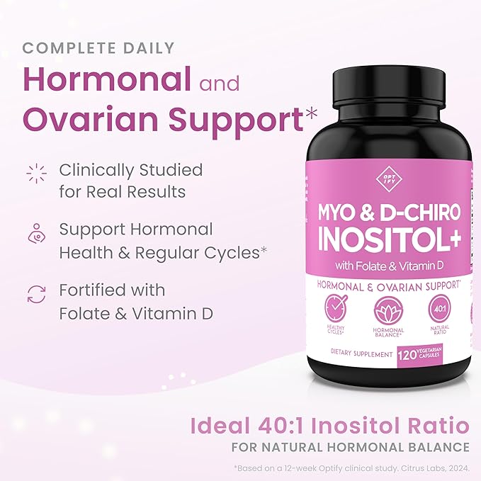 Optify Myo-Inositol &amp D-Chiro Inositol Supplement for Women – 40:1 Ratio Plus Folate and Vitamin D – Support Healthy Hormonal Balance Regular Cycles &amp Ovarian Health – 30-Day Supply