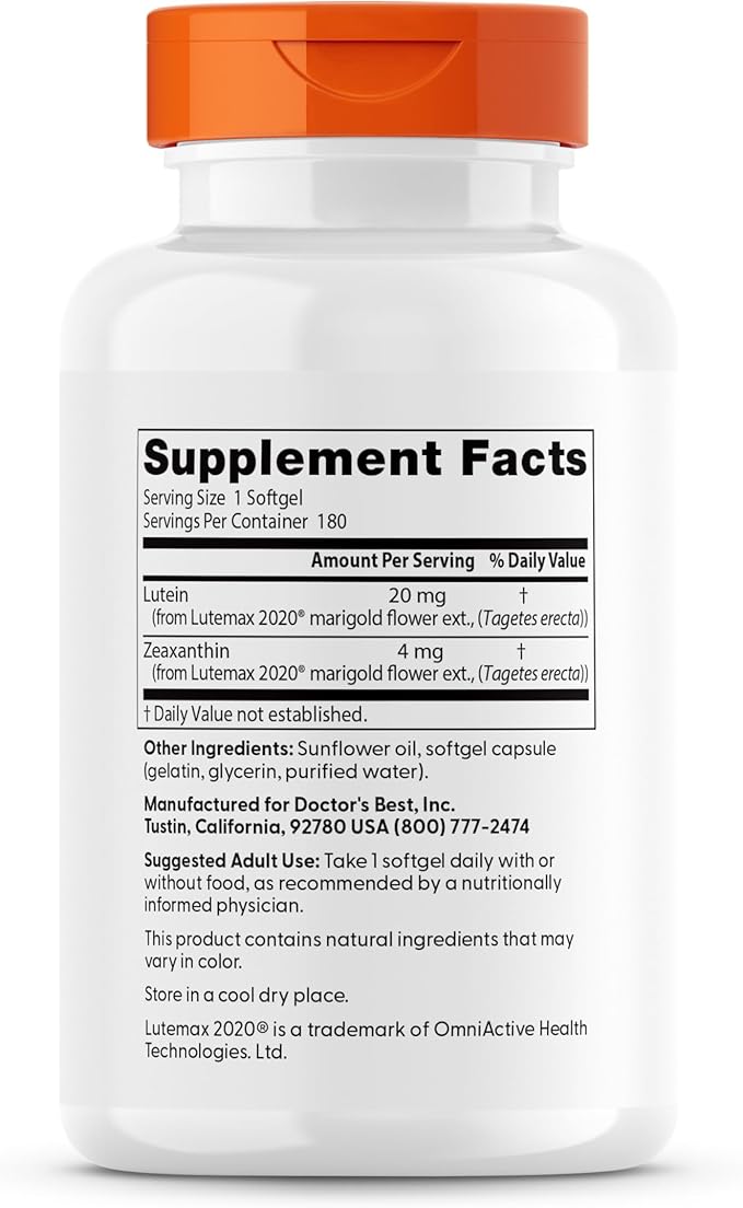 Doctor's Best Lutein Supplement 20mg with Zeaxanthin - Lutein for Eyes Eye Health Vitamins for Men &amp Women Vision and Macular Health Support Lutemax 2020 Marigold Flower Extract - 180 Softgels