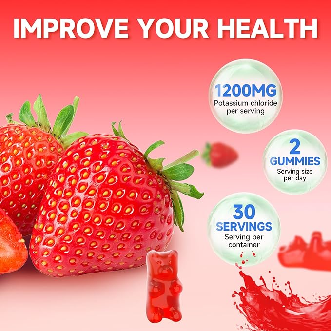 2 Pack Potassium Gummies for Adults Potassium Chloride Gummies 1200mg Support Leg Cramps &amp Electrolyte Balance Strawberry Flavor 120 Count